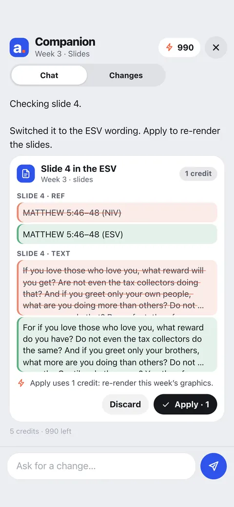 The companion: switching slide 4 to the ESV wording, before and after, with Apply