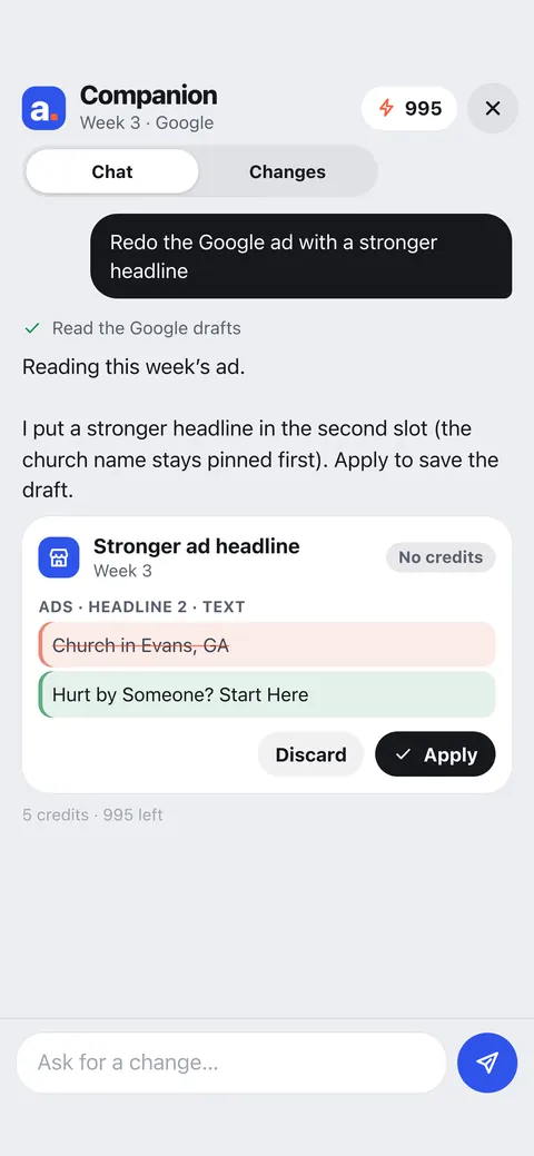 The companion: asked for a stronger ad headline, it shows the old and new headline with Discard and Apply